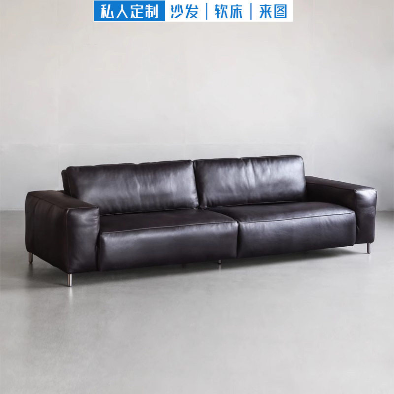 中古风小户型全真皮豆腐块沙发
