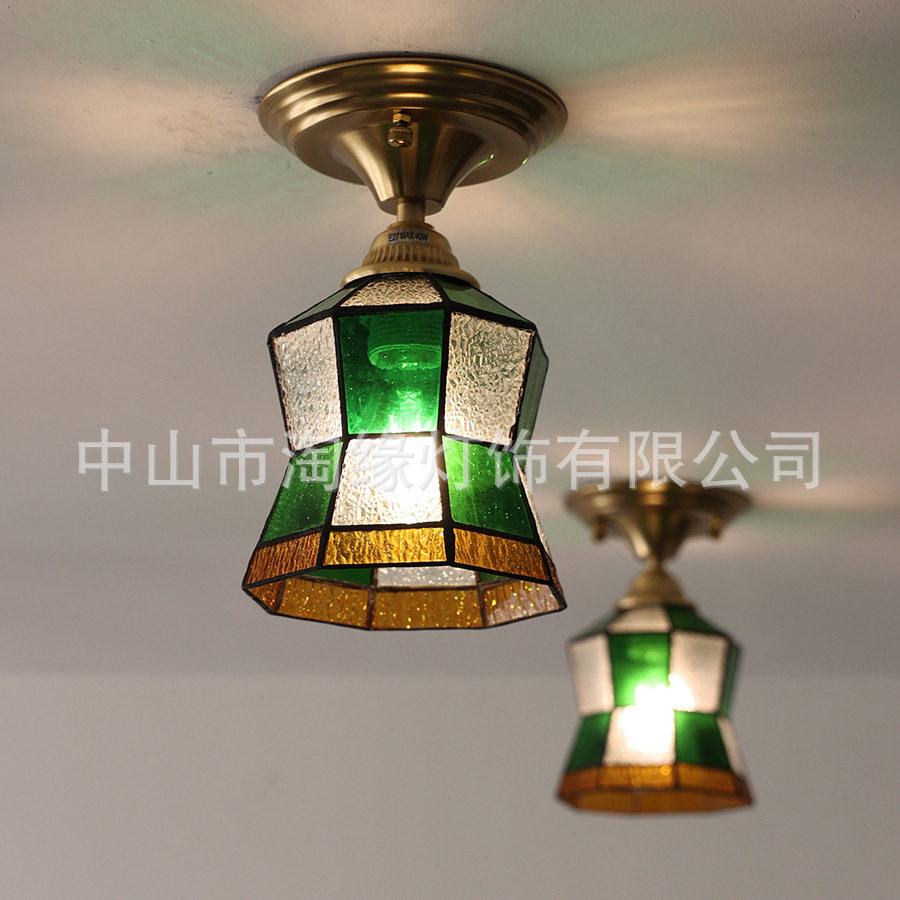 欧美风彩色玻璃吸顶灯阳台走廊过道玄关小吸顶灯绿色小蛮腰餐厅灯