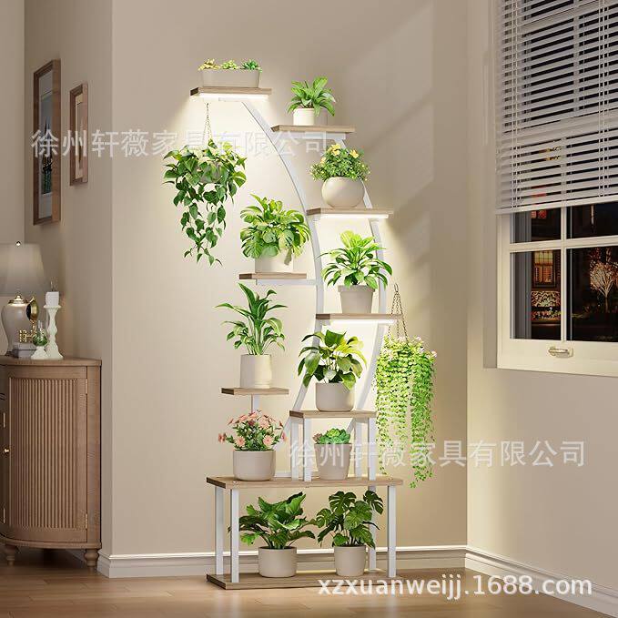 跨境室内花架带灯角落植物支架铁木结合创意多层花盆支架子白色