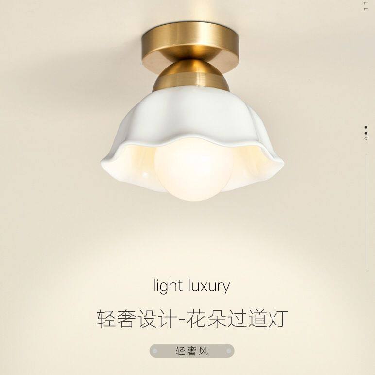 奶油风陶瓷入户玄关吸顶灯日式阳台过道走廊灯全铜衣帽间花朵灯饰