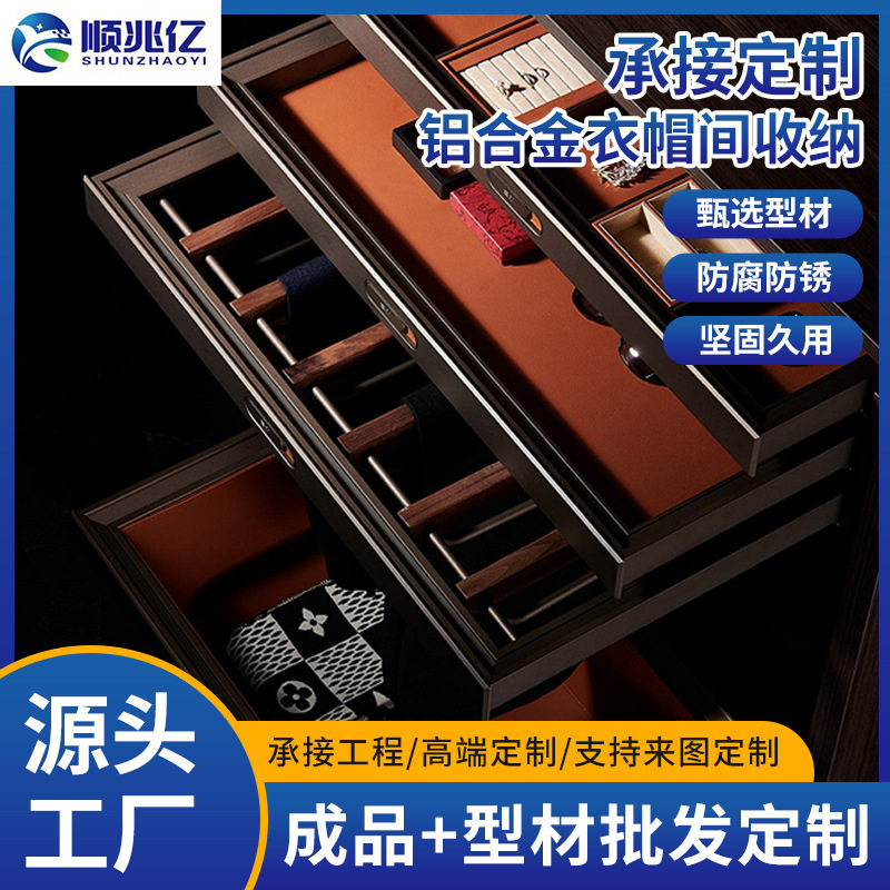 衣帽间收纳百宝盒饰品盒百宝格衣物篮裤挂架平开门镜推拉镜轻奢