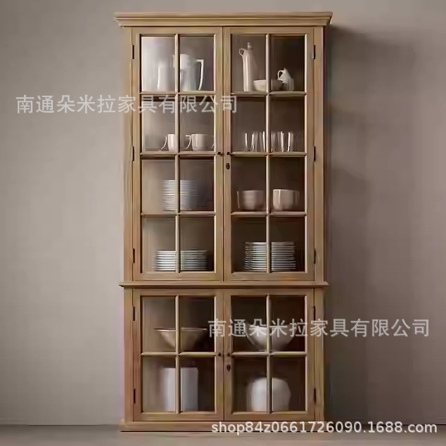 美国RH法式乡村复古展示柜陈列柜实木橡木玻璃双门书柜高端餐边柜