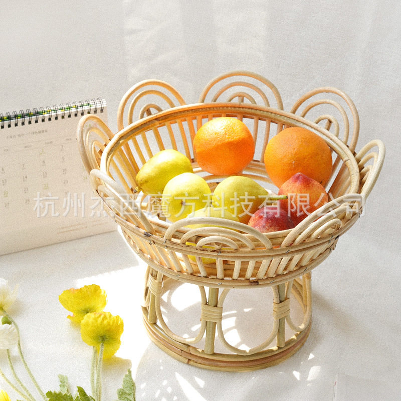 手工藤编造型高足花边果篮杂物收纳筐水果蔬菜筐野餐拍照道具置物