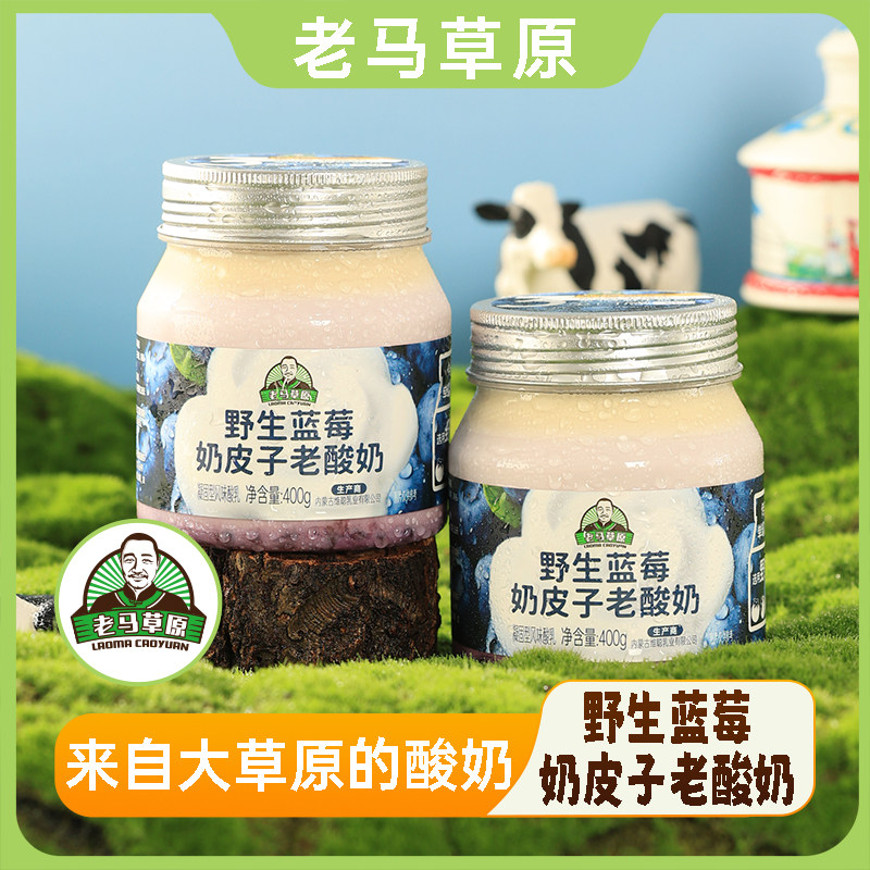 老马草原野生蓝莓奶皮子老酸奶内蒙古风味400g*4桶送两瓶巴氏鲜奶