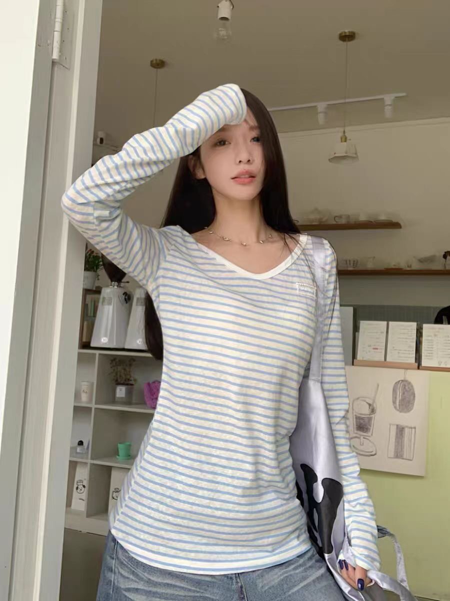 美式复古条纹罩衫女夏季纯欲甜美T恤