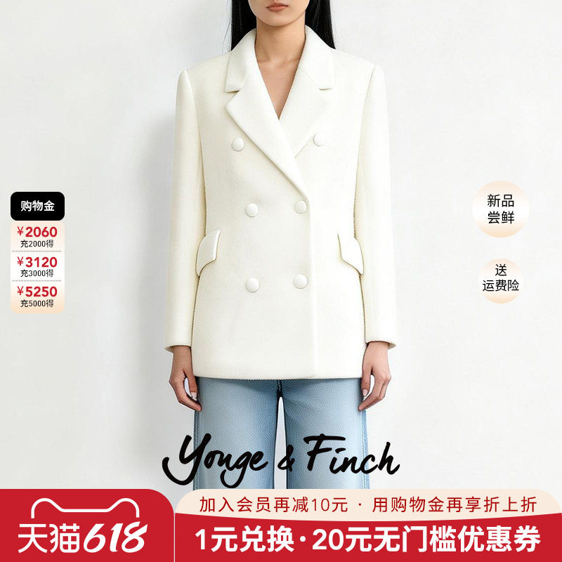 YongeFinch扬芬缇2026春季款毛呢大衣白色夹棉西装呢子外套JAQUEY