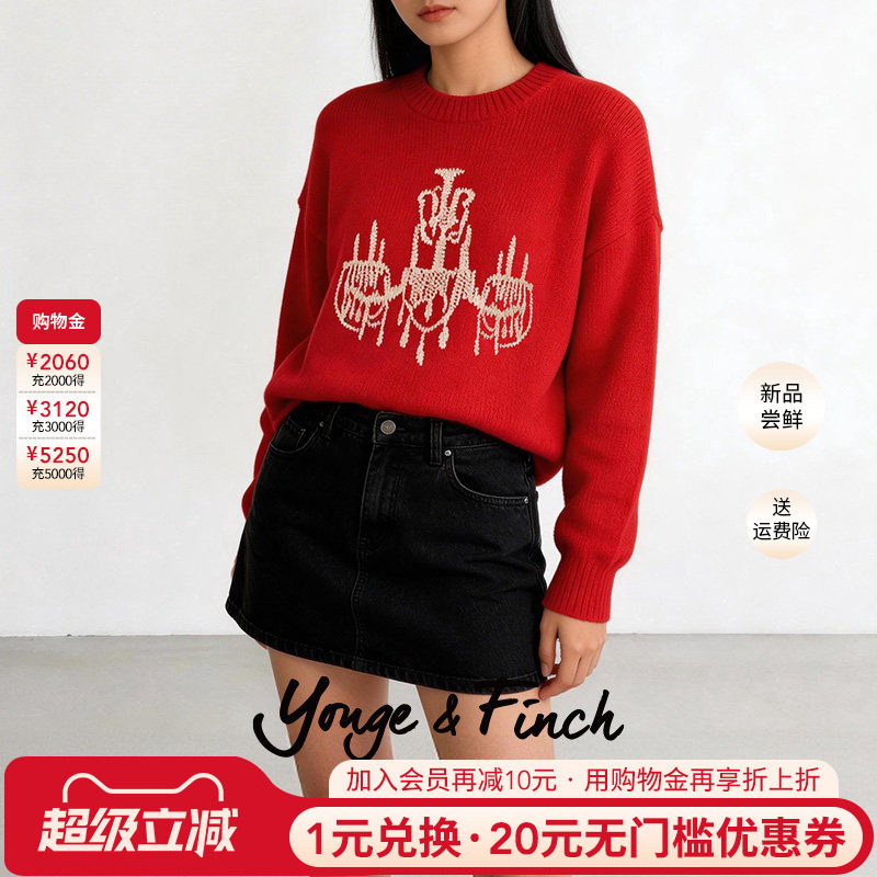 YongeFinch扬芬缇2026春冬新款红色圆领宽松针织衫女毛衣REILLYY