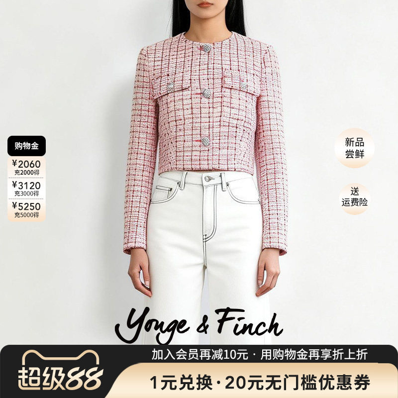 YongeFinch扬芬缇 高级感短款小香风上衣粉色格子外套女JUNCTIONY