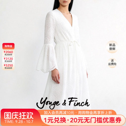 Yonge&Finch/扬芬缇重工珠片刺绣收腰V领白色连衣裙女 OLEANDERY
