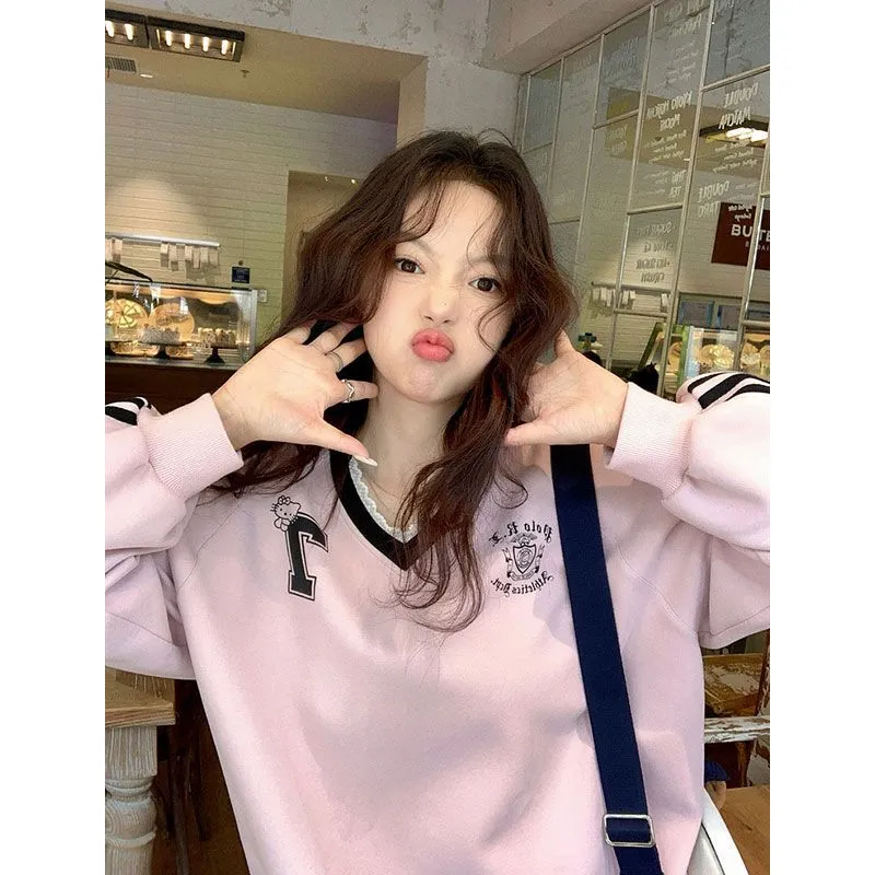 美式含棉印花V领长袖卫衣女装早秋灰色独特蕾丝拼接宽松休闲上衣