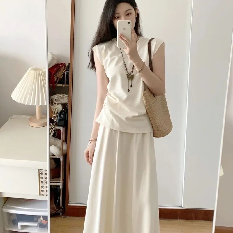法式盐系穿搭套装裙女夏装搭配一整套时尚无袖上衣半身长裙两件套