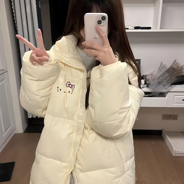 米白色立领羽绒棉服女秋冬加厚大童初中高中生2025新款棉袄外套潮