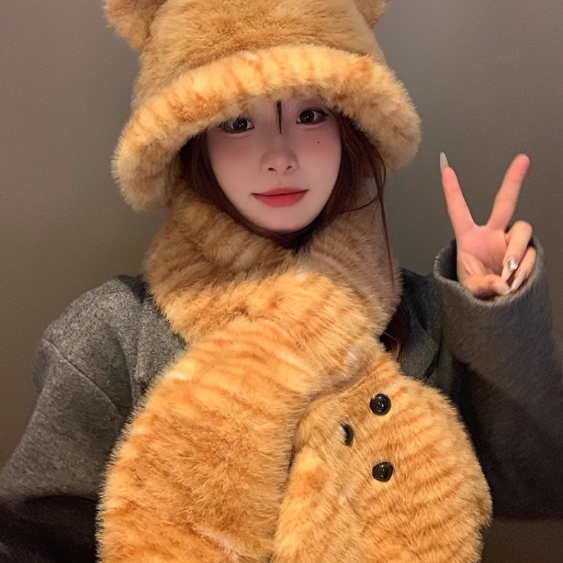 可爱老虎纹围巾女冬季帽子二件套2025新款加厚保暖卡通学生围脖冬