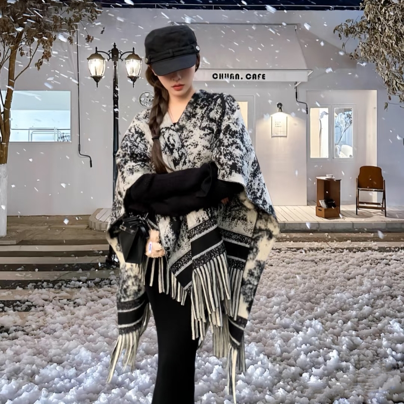 复古水墨画双面斗蓬披肩外套女