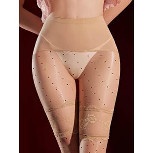 蕾丝假长筒连裤 女开裆免脱肤色极光袜透明油亮波点黑丝袜 袜超薄款