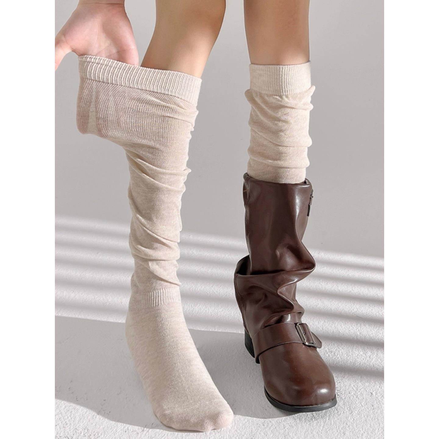 小腿袜女美拉德风袜子配长靴微压显瘦长筒袜jk过膝袜奶白色堆堆袜