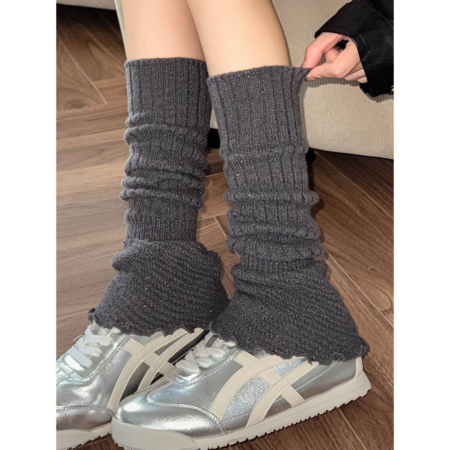 袜套堆堆袜子女款秋冬加厚花边长筒灰色针织显瘦美拉德亮丝小腿套