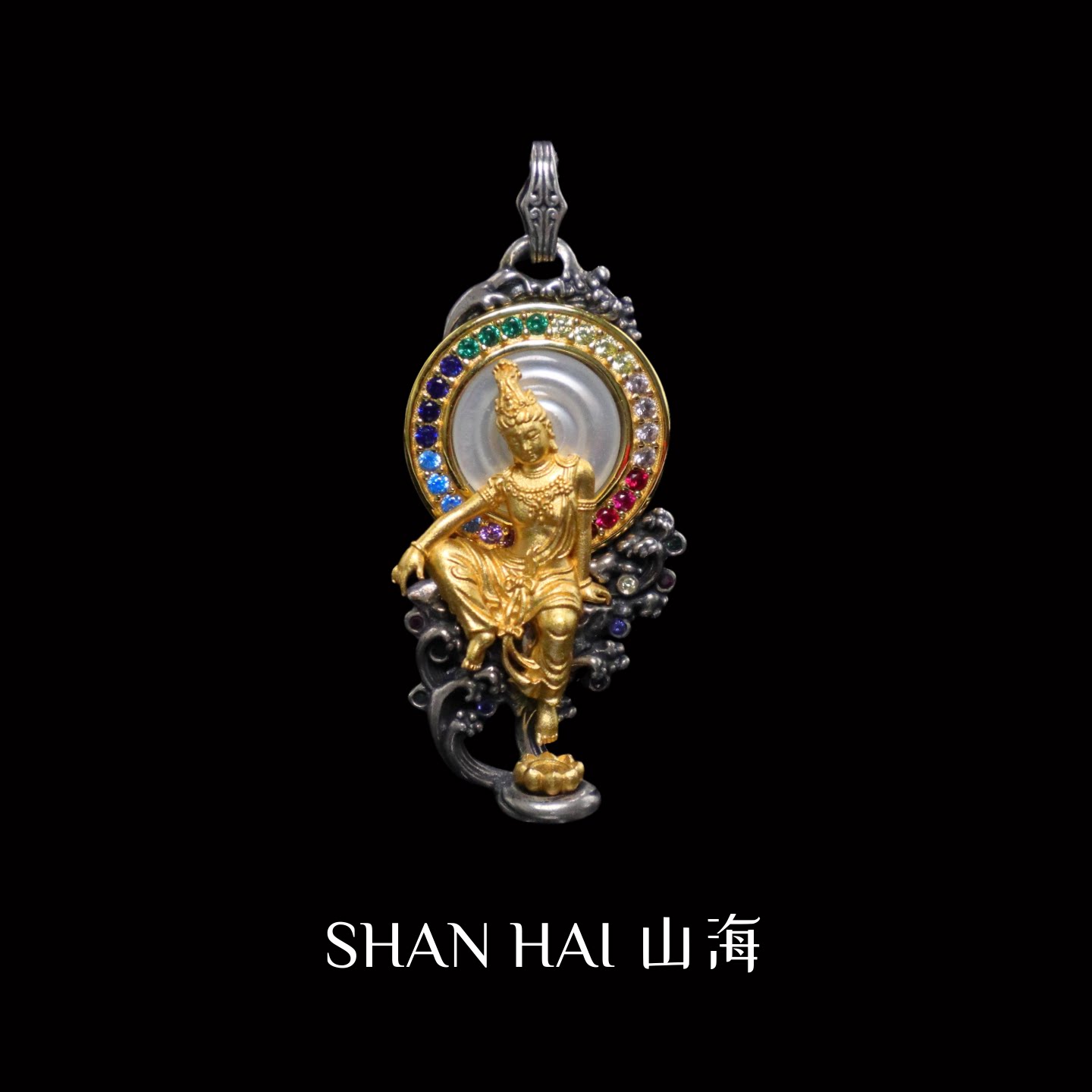 水月观音吊坠纯银镀24K金镶钻复古做旧佛像项链男女款手工原创