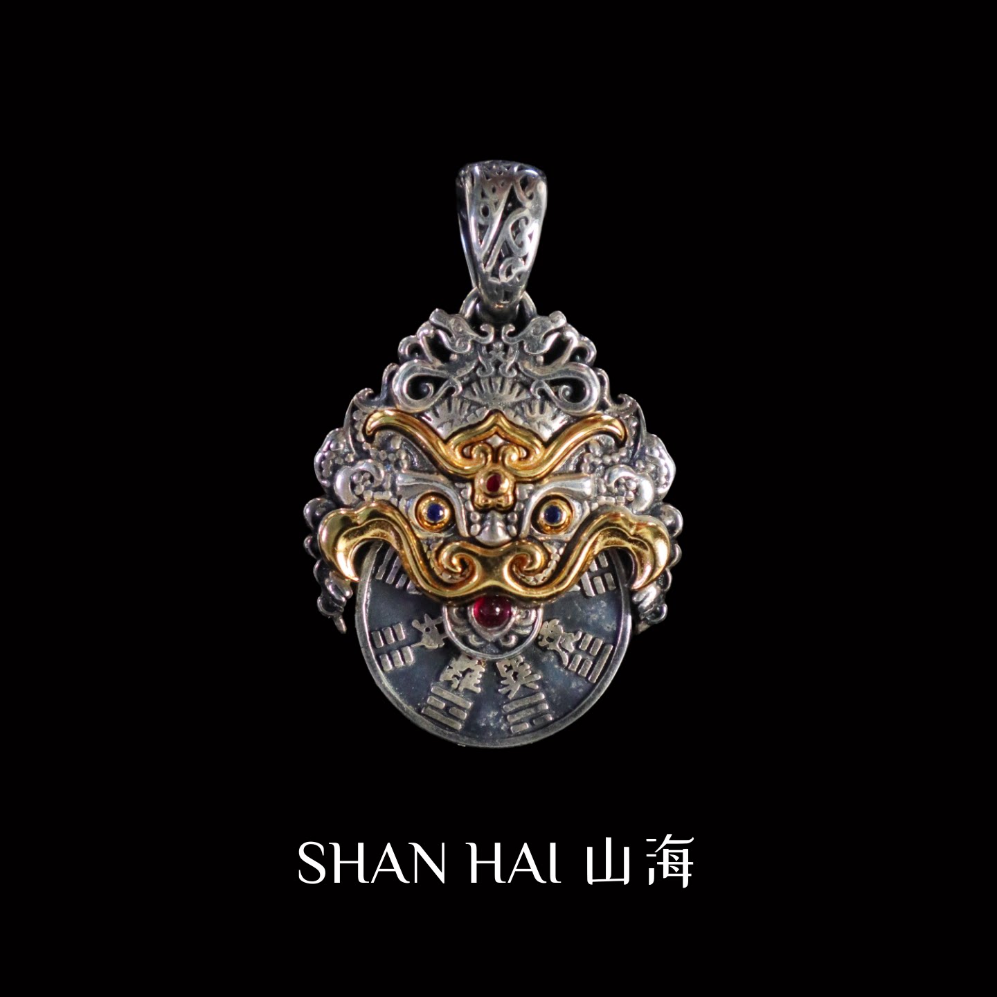 原创设计手工纯银饰镀24k金做旧复古山貔貅鬼花钱吊坠项链男女