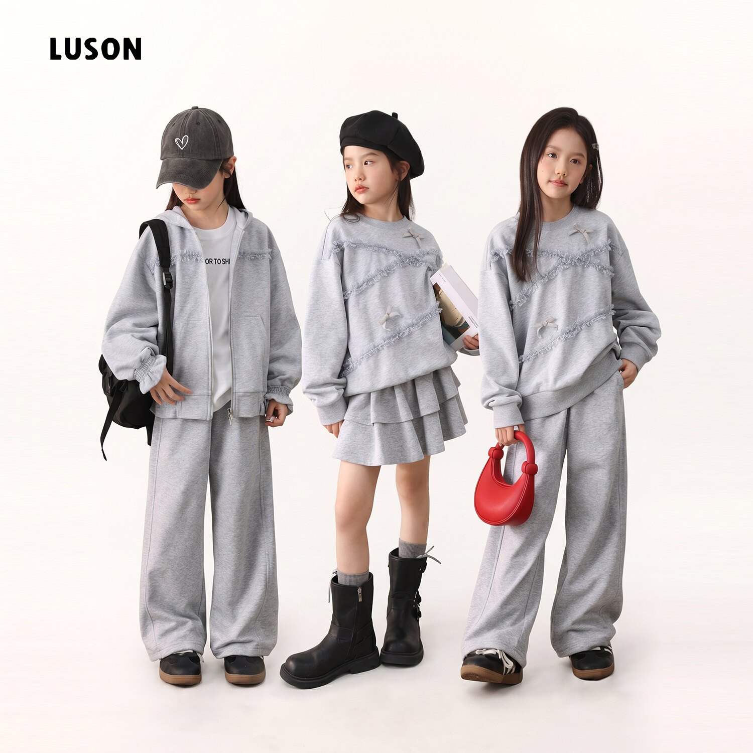 LUSON童装女童韩系套装秋季新款卫衣儿童休闲运动外套裤子半裙