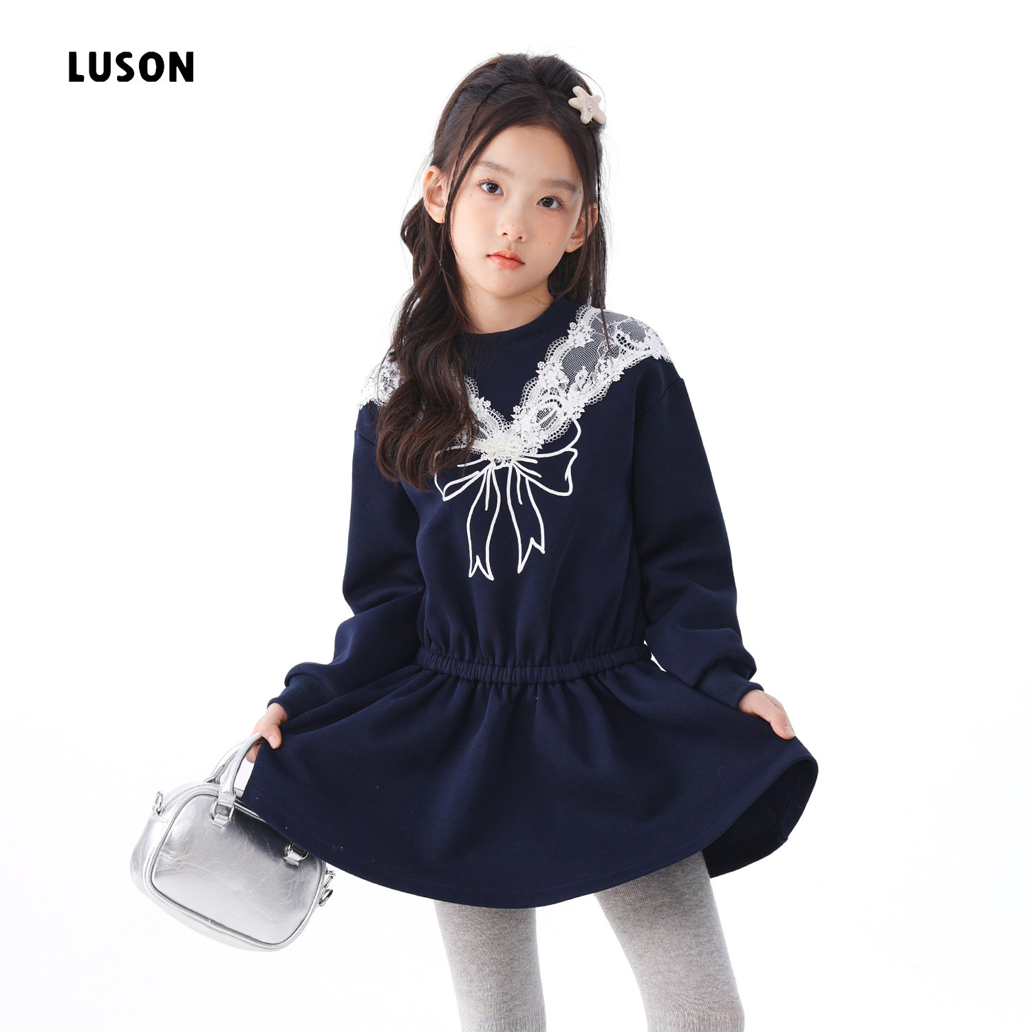 LUSON童装女童蕾丝卫衣裙2026秋冬新款洋气蝴蝶结儿童休闲连衣裙