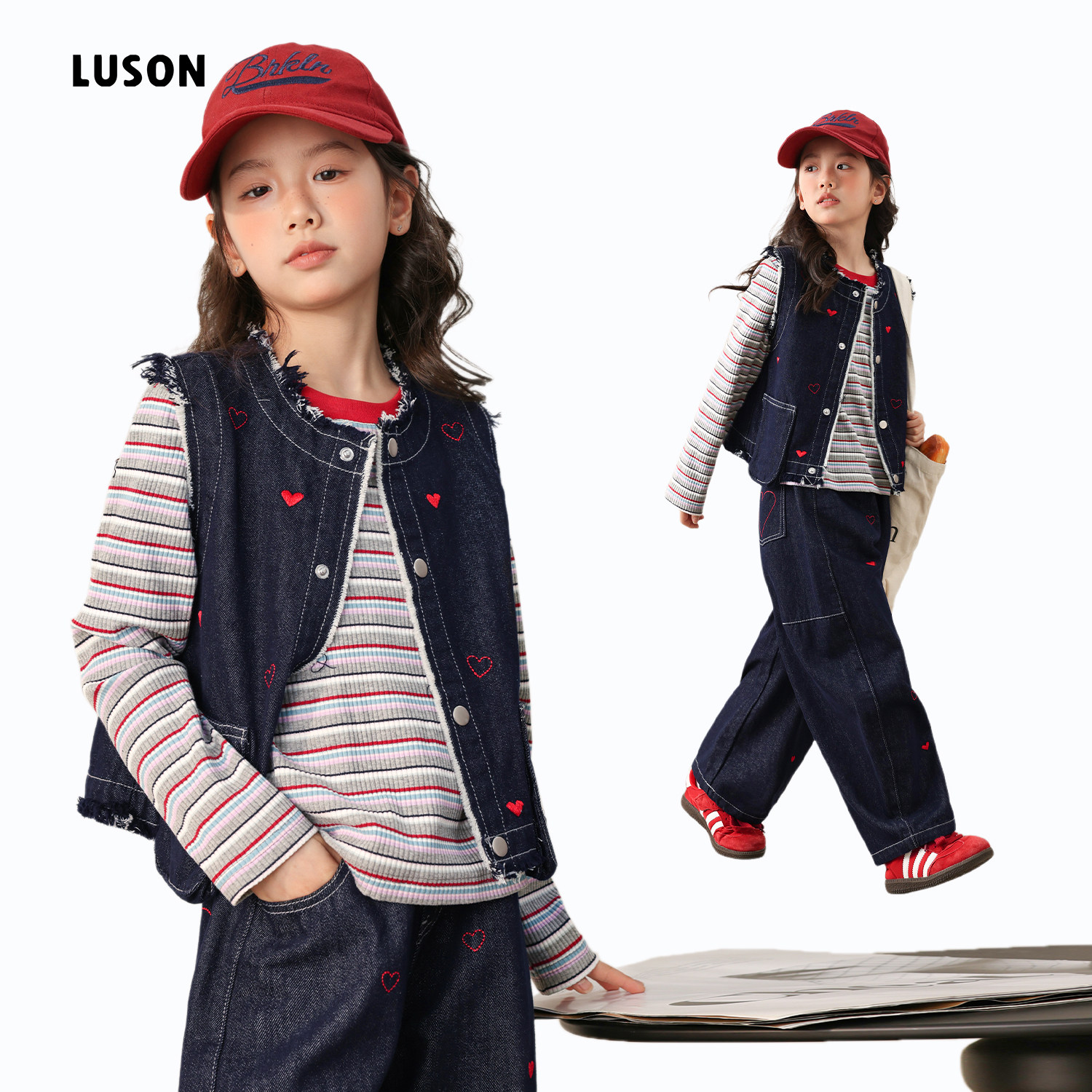 LUSON女童牛仔马甲秋季爱心刺绣图片