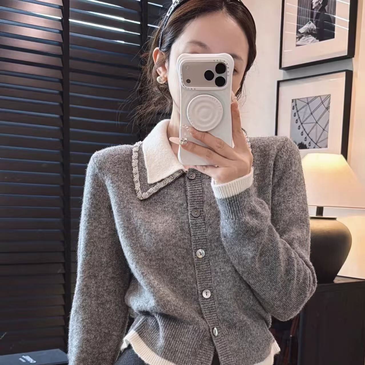 翻领假两件灰色针织毛衣开衫2026秋冬韩系女装独特漂亮小外套上衣