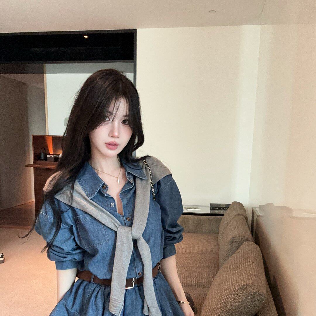 实拍实价复古牛仔衬衫连衣裙针织披肩套装女收腰显瘦百搭衬衣裙