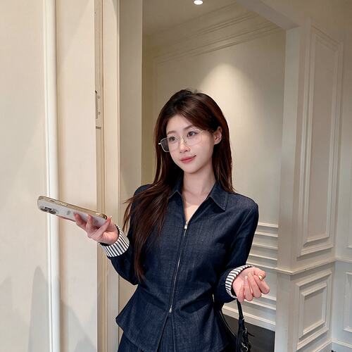 实拍大码复古休闲牛仔套装女早秋气质显瘦翻领衬衣半身裙两件套