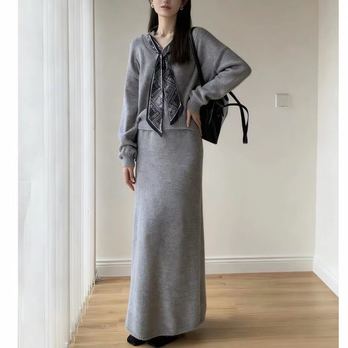慵懒风翻领条纹套装女2026秋季大码胖MM减龄上衣半身裙两件套潮