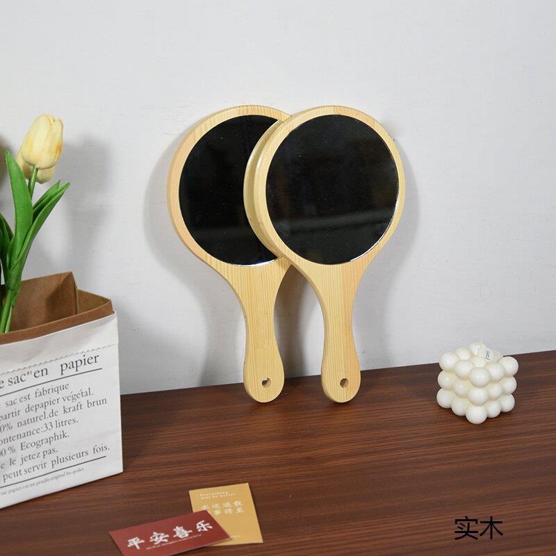 实木手柄镜小巧便携式镜子复古木质手工制作手持梳妆镜