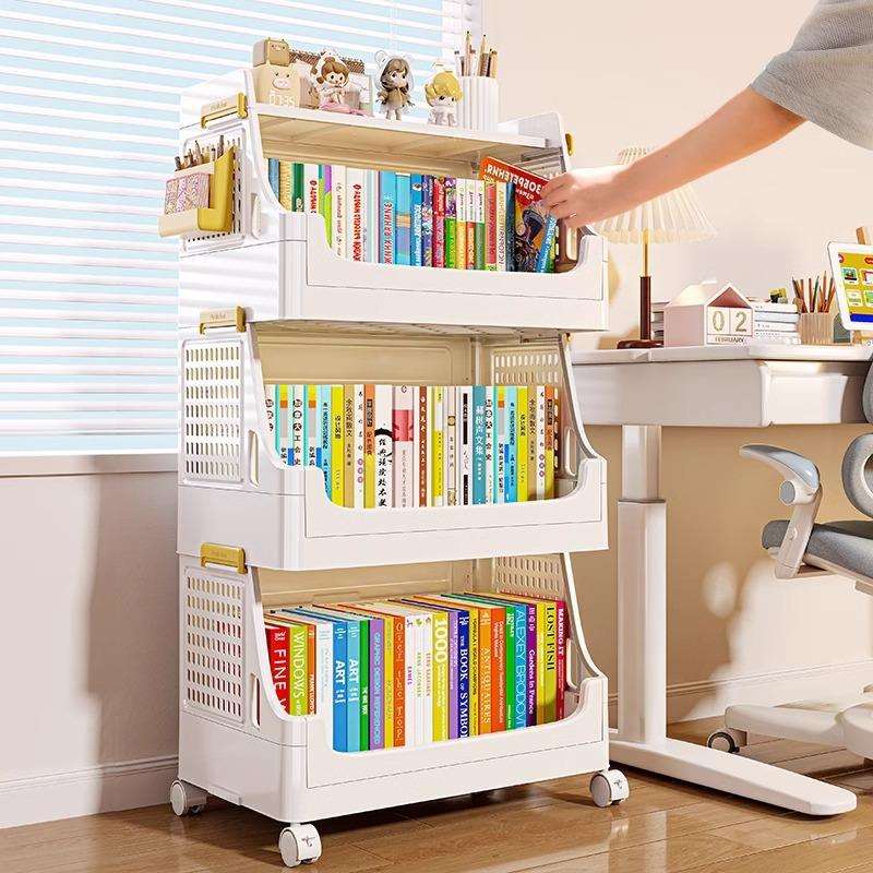 大容量书架置物架杂物收纳小推车可折叠塑料多层储物架可移动家用