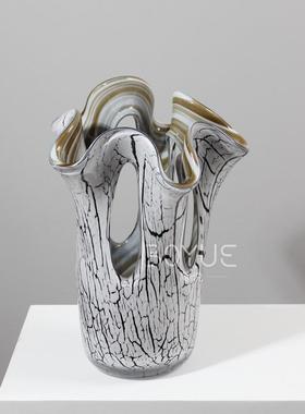 轻奢复古冰裂纹灰白色镂空琉璃花瓶样板房客厅酒店前台软装插花器