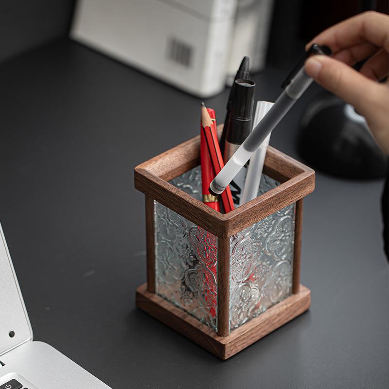 胡桃木笔筒高颜值办公收纳创意学生桌面文具办公室玻璃茶具茶筒