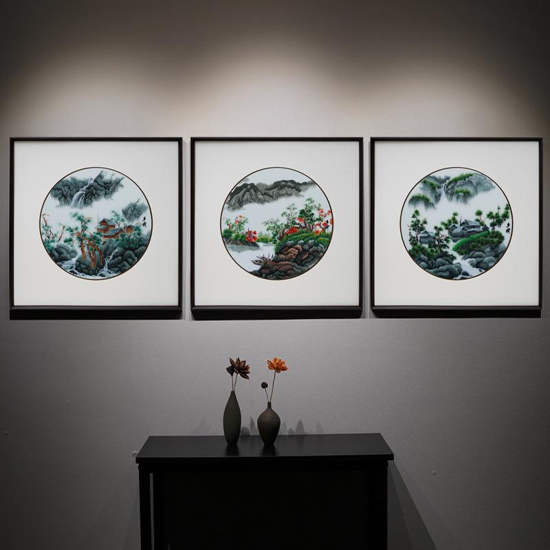 新中式风格三联乡情手工刺绣画客厅玄关卧室书房现代苏绣装饰画