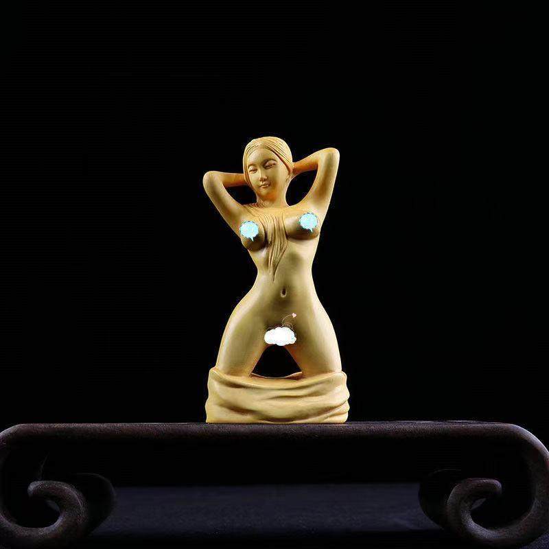 崖柏檀黄杨木雕半跪裸美女摆件工艺品创意男士把玩人物手E18