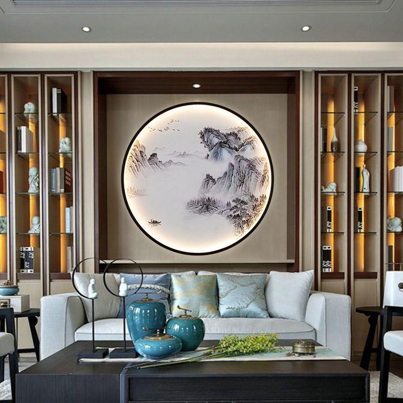 圆形客厅山水画壁灯新中式玄关楼梯餐厅茶室禅意背景墙装饰画壁灯图片