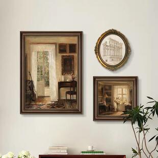 法式中古餐厅装饰画美式入户玄关柜挂画客厅走廊过道复古床头壁画