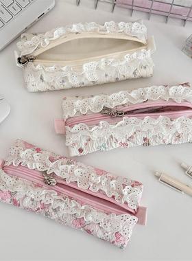52203 蕾丝花边少女绗缝笔袋大容量文具收纳袋便携高颜值铅笔盒