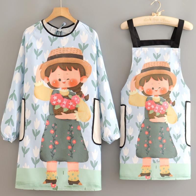 帆布厨房家用可爱做饭围裙长袖罩衣清新日系简约家用围腰布料耐磨