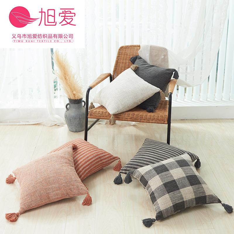 旭爱 加厚新品色织棉麻肌理条纹格子纯色流苏抱枕套两种大小