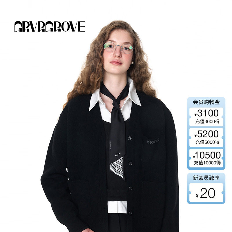 GROVE官方旗舰店女士秋季新款长袖logo字母刺绣毛织开衫外套