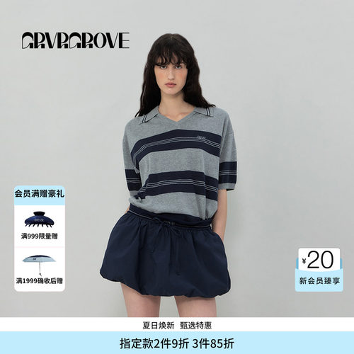 GROVE官方旗舰店SS春夏款女条纹针织短袖宽松舒适GR5KN02C