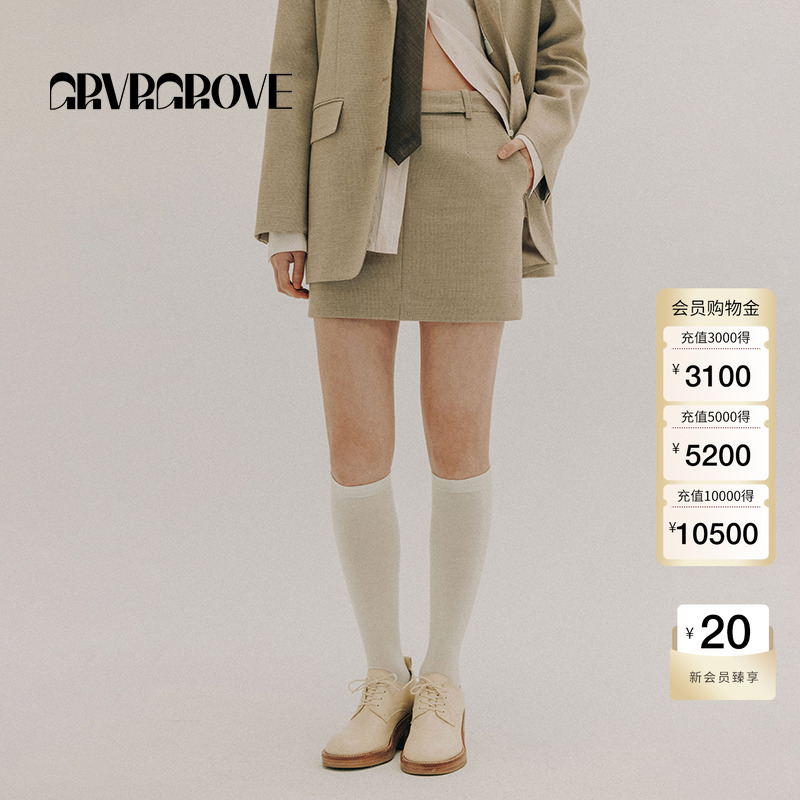 GROVE官方旗舰店女士春季新款格纹复古迷你西装梭织半身裙