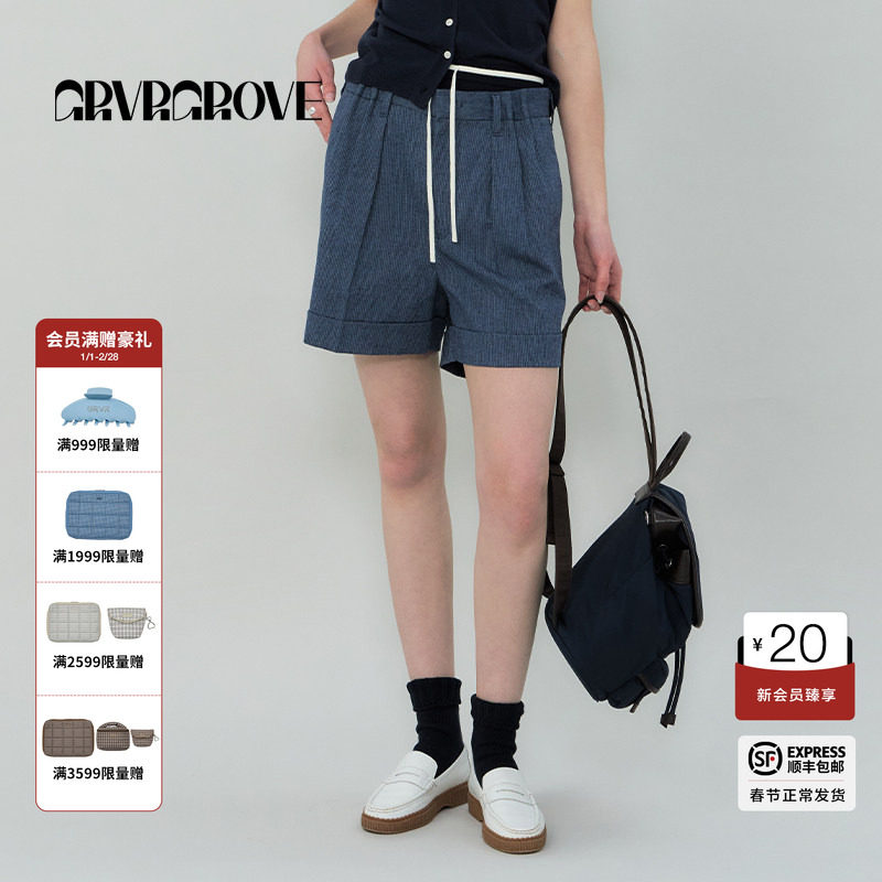 GROVE官方旗舰店2025SS春夏款女士条纹梭织短裤GS5PT