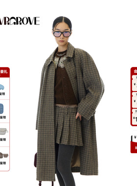 GROVE官方旗舰店 2025WT冬季新长款外套格纹女宽松大衣 GCW5CT01