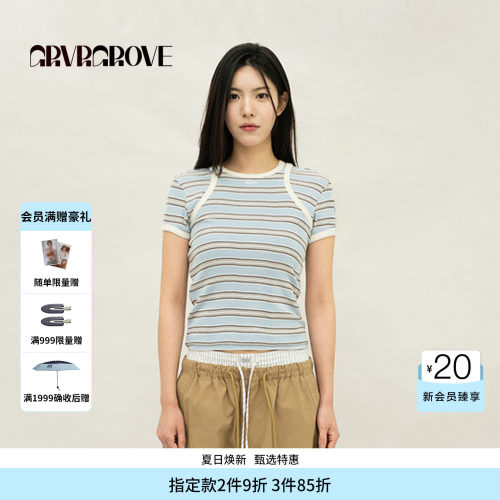 GROVE官方旗舰店2026PS春季新款短袖T恤条纹撞色上装女GP26TSK14