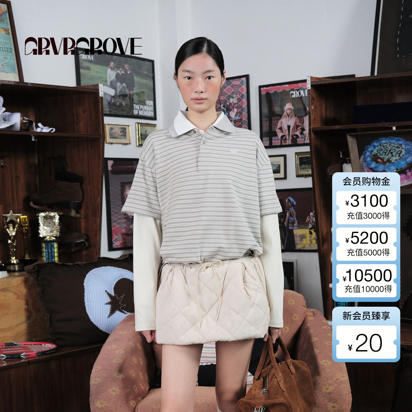 【博主同款】GROVE 2025WT冬季新款假两件长袖T恤条纹女GCW5TS05