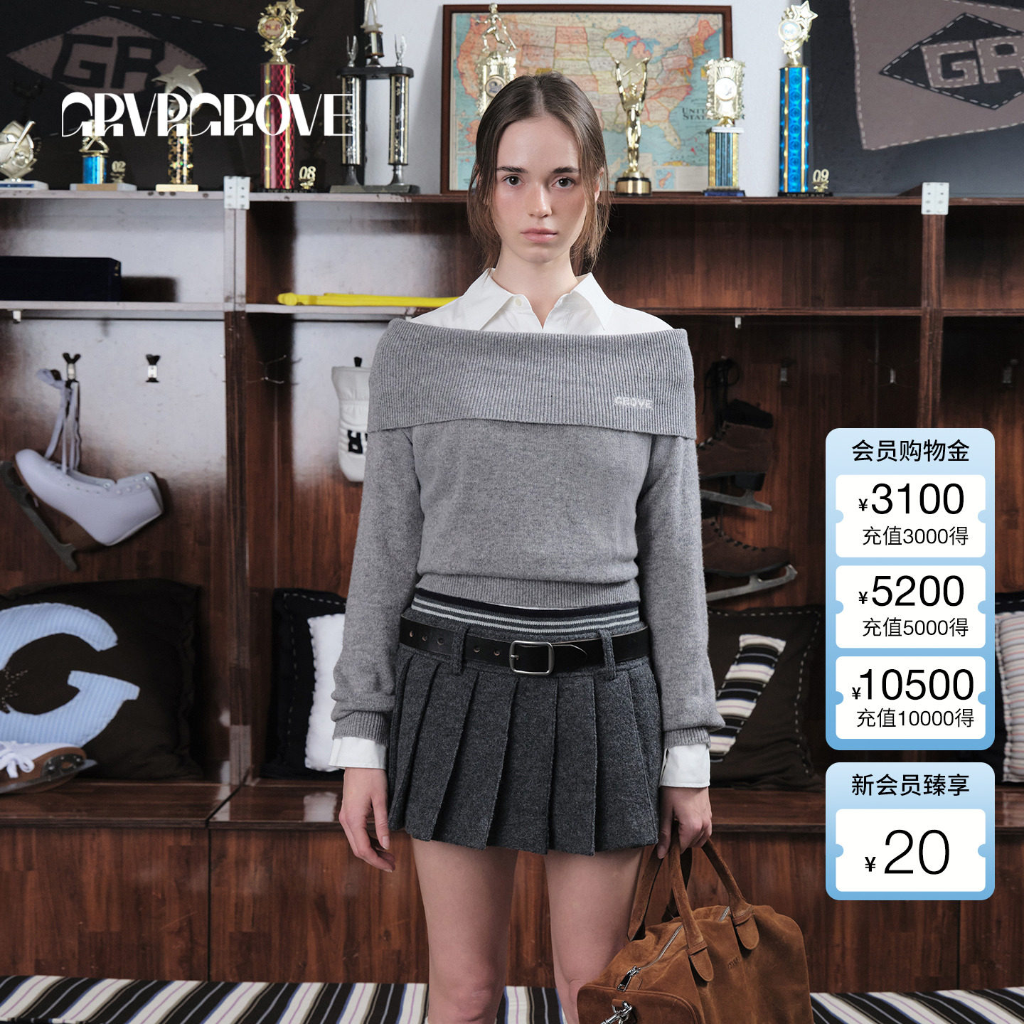 GROVE官方旗舰店 2025WT冬季新款翻领毛织套头一字领上衣GCW5KN13