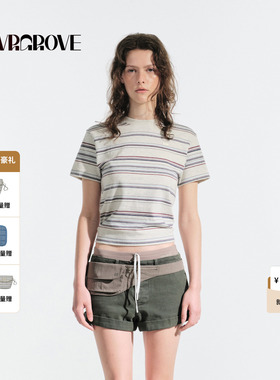 GROVE官方旗舰店2025夏季款女条纹短袖t恤宽松休闲韩版GM5TS04M